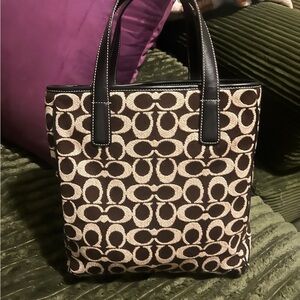 RARE Vintage Coach Monogram Wool Tote with Black Leather Trim Style# 8181